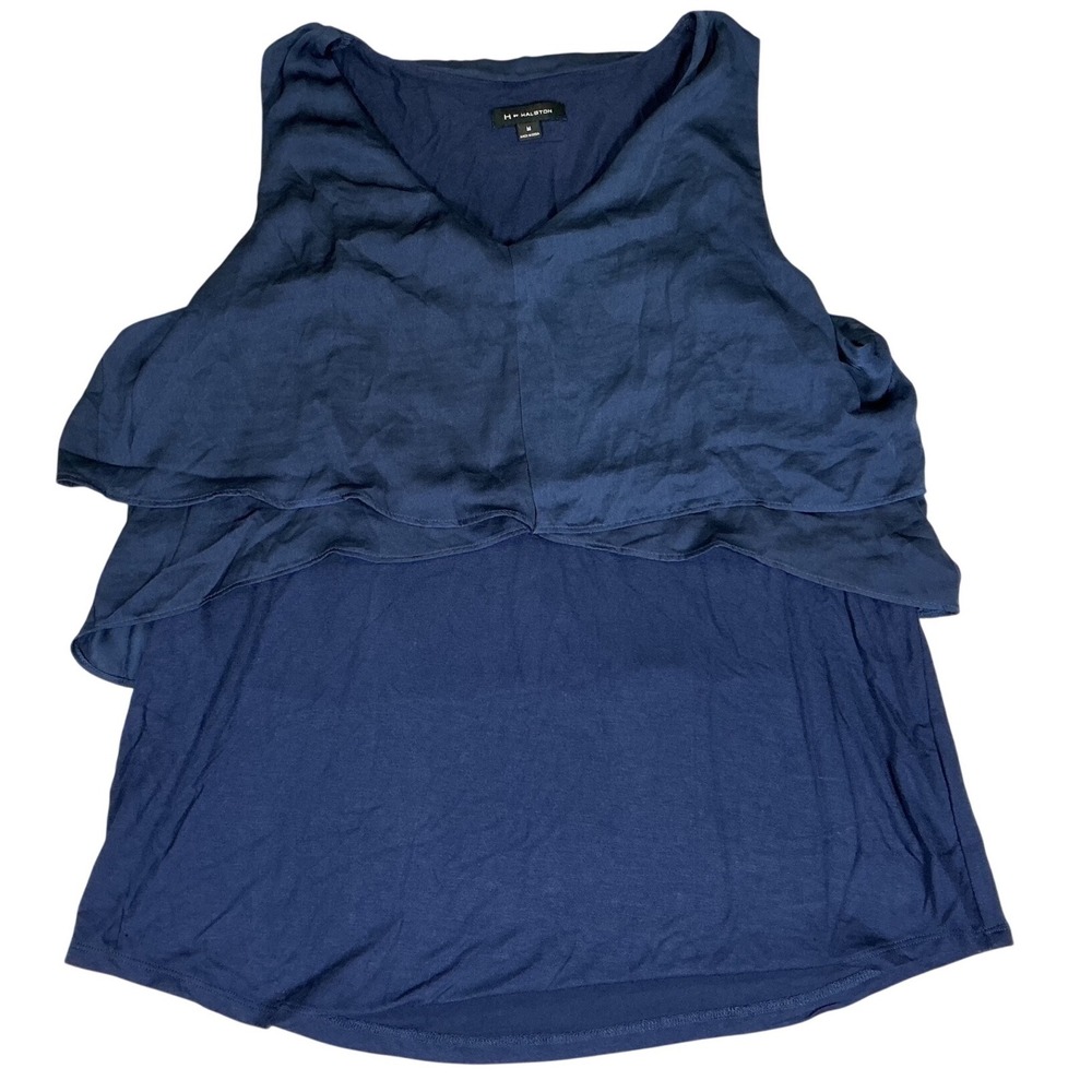 H by Halston‎ Blue Sleeveless Blouse Layered Ruffle V Neck Size M